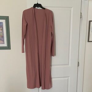 Boho style Long Ribbed Open Front Duster Cardigan - Dusty Rose